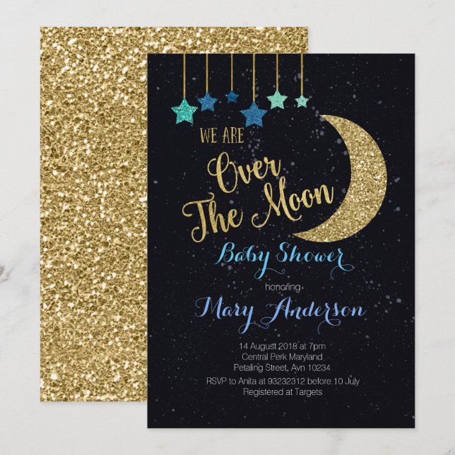 Over the Moon Baby Shower Invitation for boy (Front/Back)