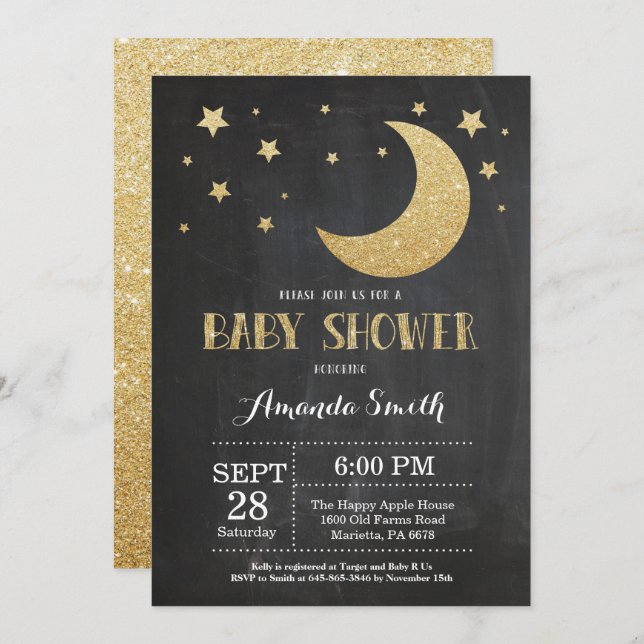 Over the Moon Baby Shower Invitation Gold Glitter (Front/Back)