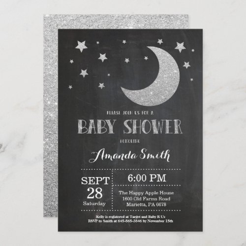 Over the Moon Baby Shower Invitation Silve Glitter