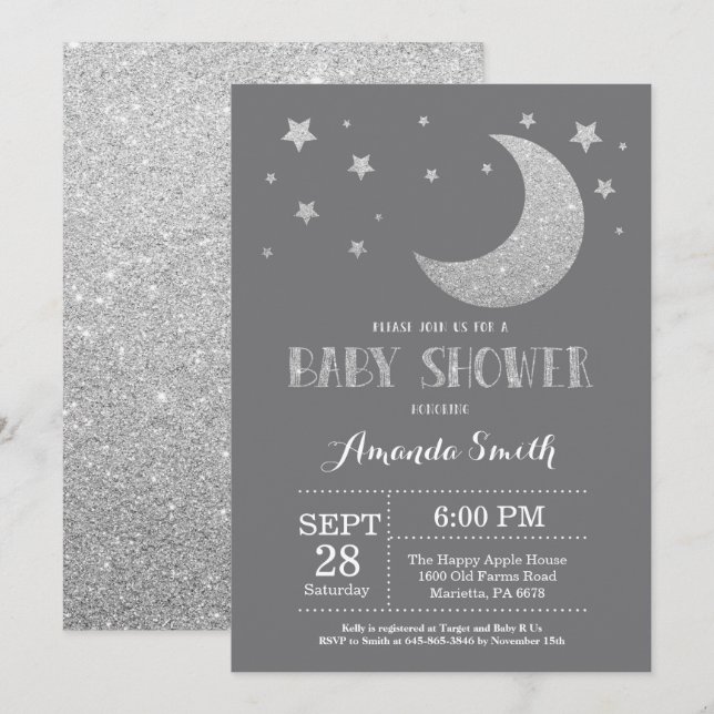 Over the Moon Baby Shower Invite Silver Glitter (Front/Back)
