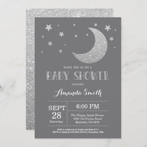 Over the Moon Baby Shower Invite Silver Glitter