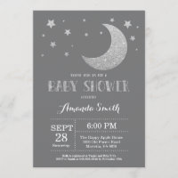 Over the Moon Baby Shower Invite Silver Glitter