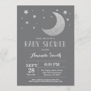 Over the Moon Baby Shower Invite Silver Glitter