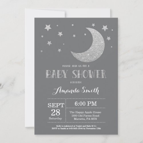 Over the Moon Baby Shower Invite Silver Glitter