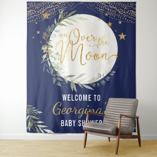 Over the Moon Baby Shower Navy Blue Gold Welcome Tapestry