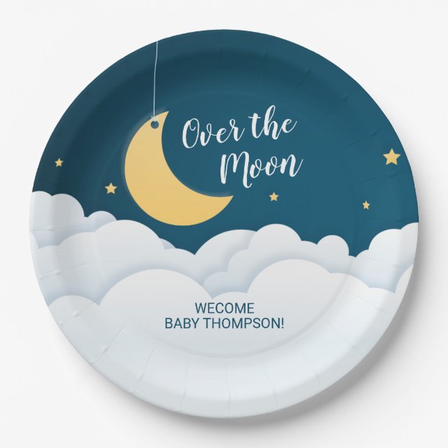 Over the Moon Baby Shower Paper Plates (Front)