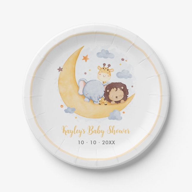 Over The Moon Baby Shower Paper Plates Cute Animal (Front)