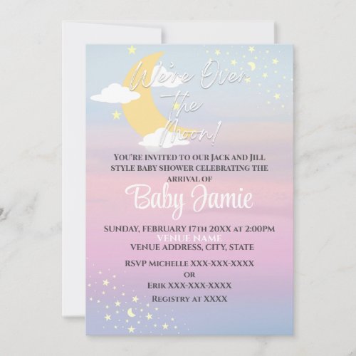 Over the Moon Baby Shower Pink Purple Girl Stars I Invitation