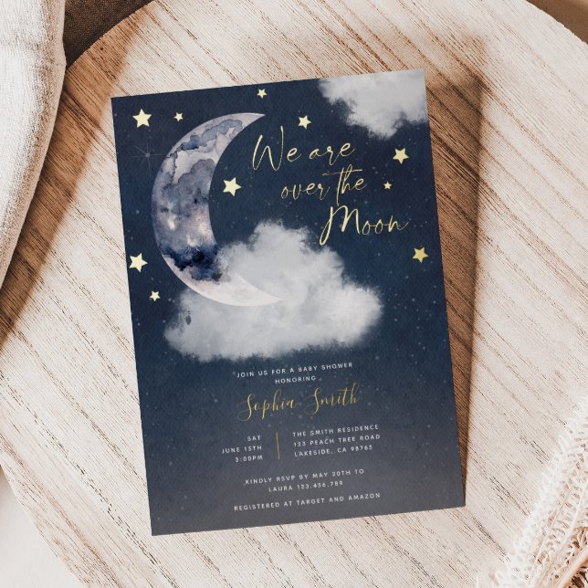 Over The Moon Baby Shower Real  Foil Invitation