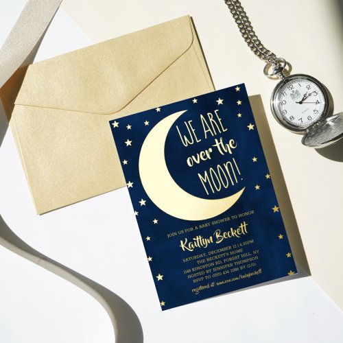 Over The Moon  Baby Shower Real Foil Invitation