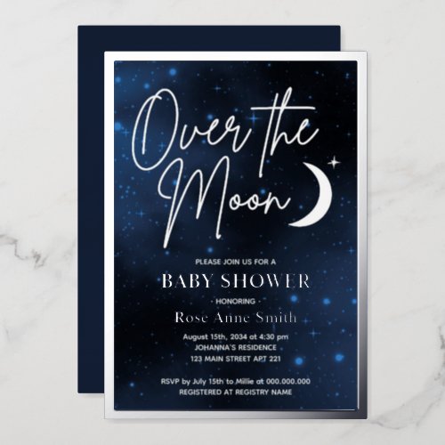 Over The Moon Baby Shower Real Silver Foil Invitation