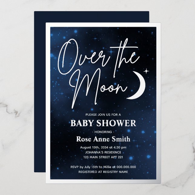 Over The Moon Baby Shower Real Silver Foil Invitation (Front/Back)