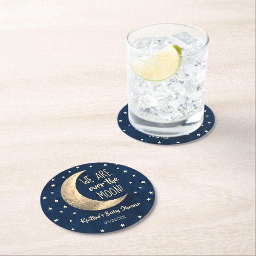 Over The Moon  Baby Shower Round Paper Coaster