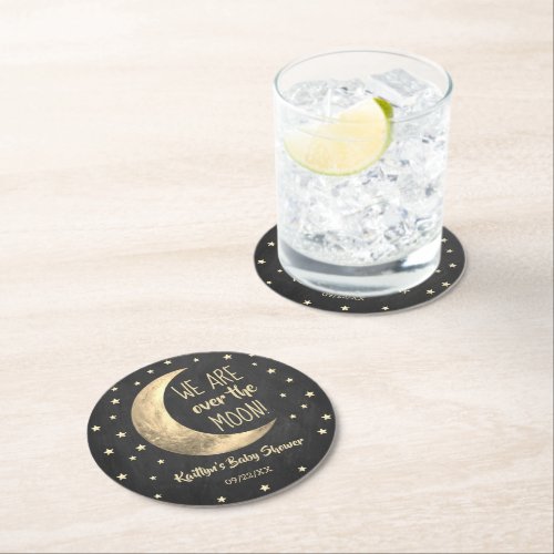 Over The Moon  Baby Shower Round Paper Coaster