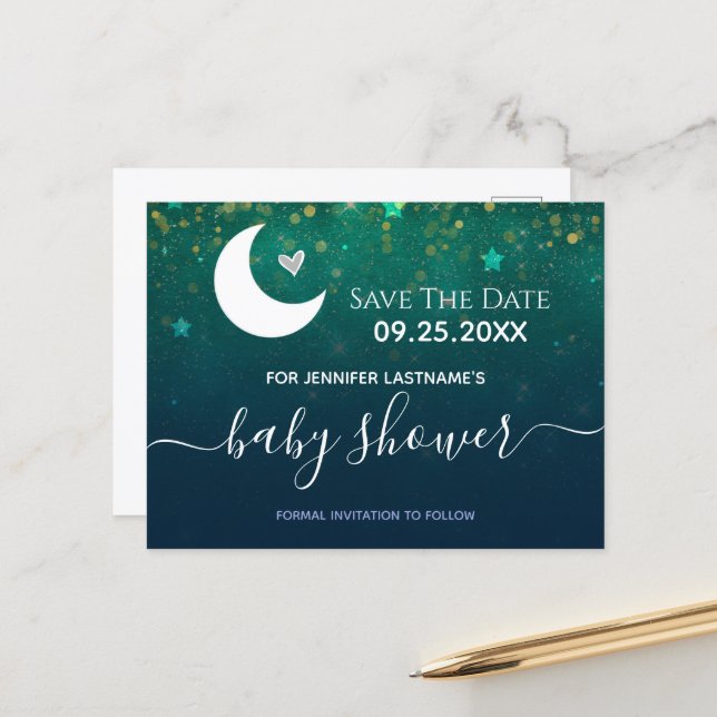 Over the Moon Baby Shower Save the Date Postcard (Front/Back In Situ)