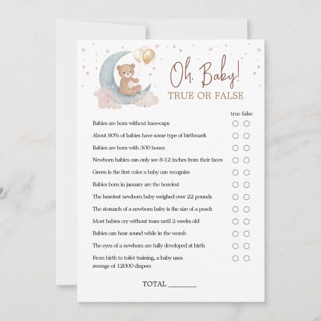 Over the Moon Baby Shower True Or False Game Card (Front)