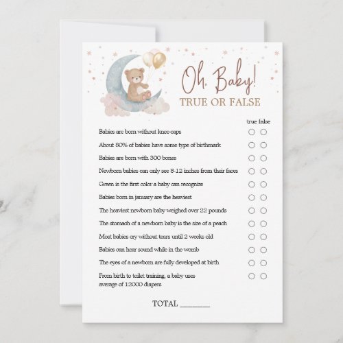 Over the Moon Baby Shower True Or False Game Card