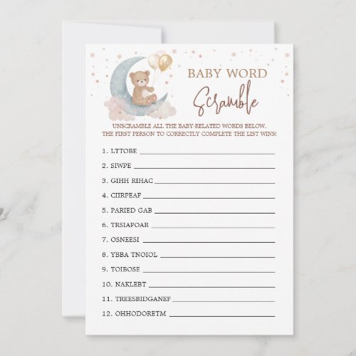 Over the Moon Baby Shower Word Scramble Game Card