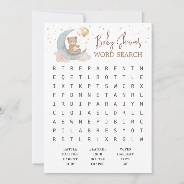 Over the Moon Baby Shower Word search Game Card (Front)