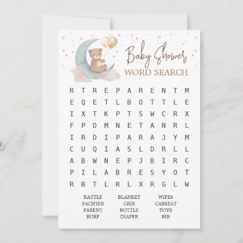 Over the Moon Baby Shower Word search Game Card