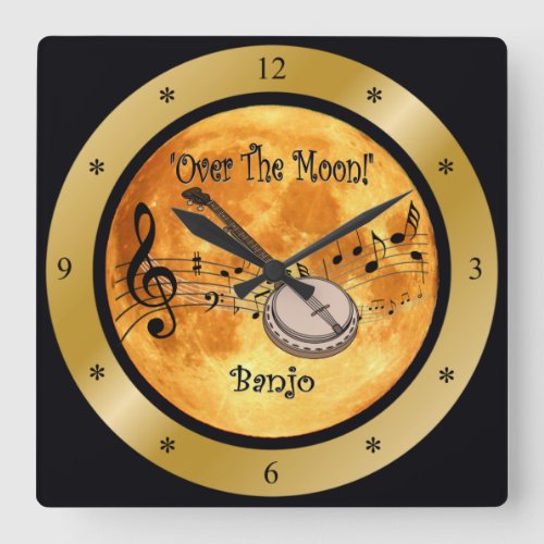 Over The Moon Banjo  Musical Scale    Square Wall Clock