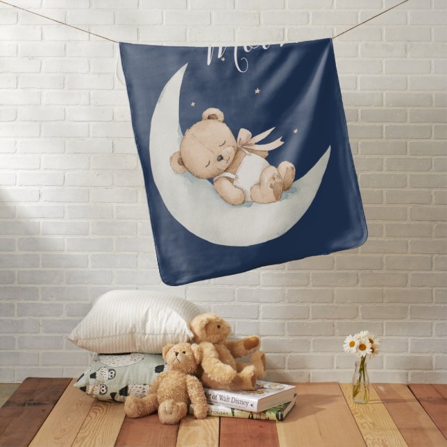 Over the Moon Bear Blue Baby Shower Baby Blanket (In Situ)
