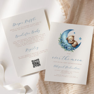 Over the Moon Bear Blue Boy QR Code Baby Shower Invitation