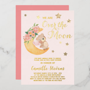 Over the Moon Bear Blush Baby Shower Girl Foil Invitation