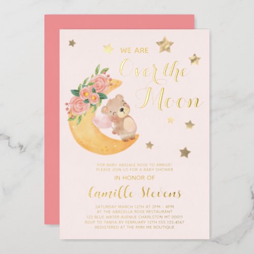 Over the Moon Bear Blush Baby Shower Girl Foil Invitation