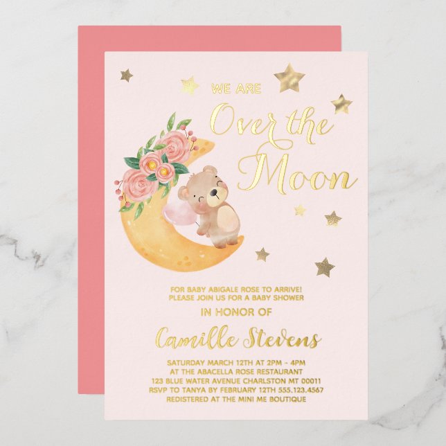 Over the Moon Bear Blush Baby Shower Girl Foil Invitation (Front/Back)