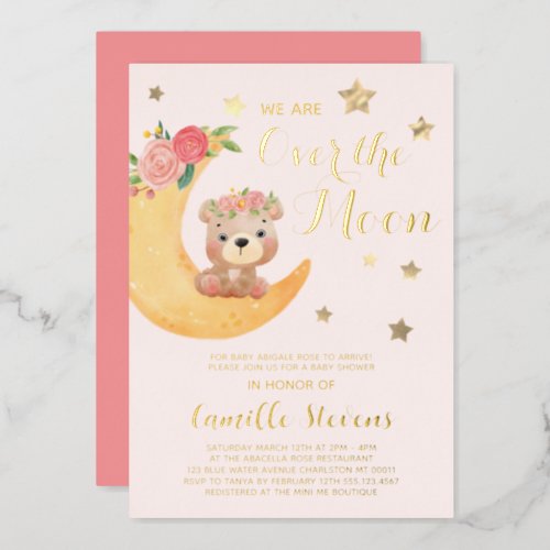 Over the Moon Bear Blush Baby Shower Girl Foil Invitation