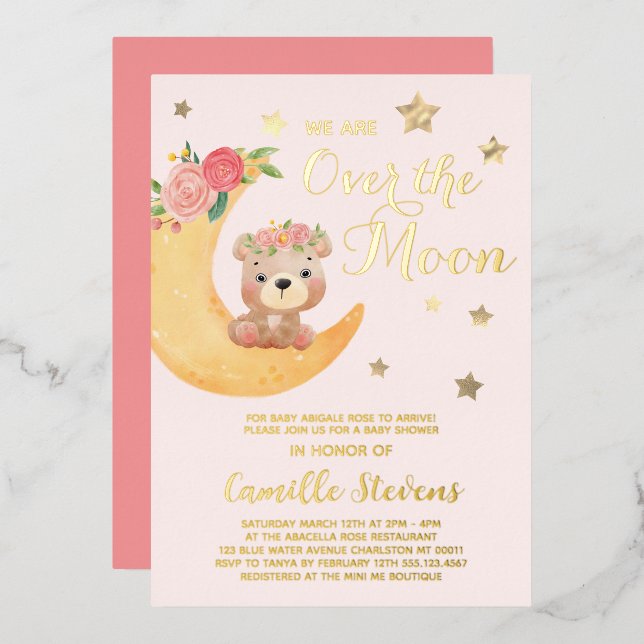 Over the Moon Bear Blush Baby Shower Girl Foil Invitation (Front/Back)