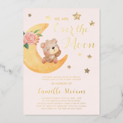 Over the Moon Bear Blush Baby Shower Girl  Foil Invitation