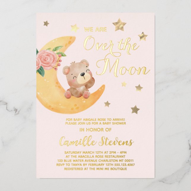 Over the Moon Bear Blush Baby Shower Girl  Foil Invitation (Front)