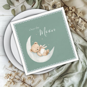 Over the Moon Bear Green Baby Shower Napkins