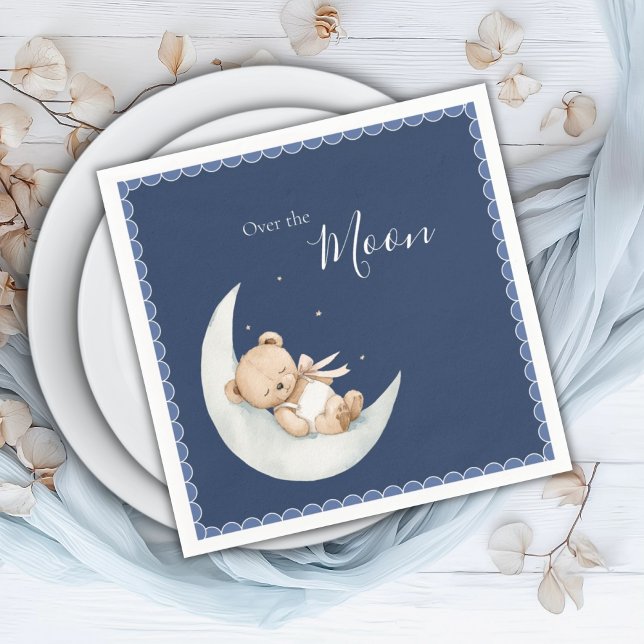 Over the Moon Bear Navy Blue Baby Shower Napkins (Creator Uploaded)