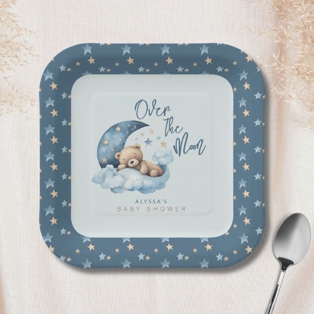 Over the Moon Bear Teddy Blue Baby Shower Paper Plates (Creator Uploaded)
