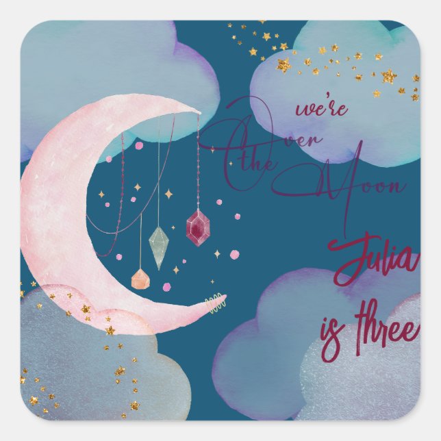 Over the moon beautiful pastel kids birthday square sticker (Front)