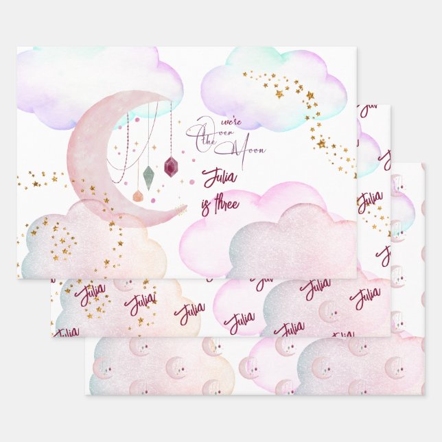 Over the moon beautiful pastel kids birthday wrapping paper sheets (Set)