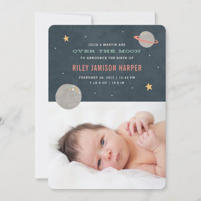 Over the Moon Birth Announcement - Salmon (Front)
