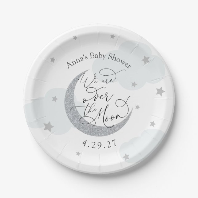 Over the Moon Blue and Silve Paper Plates (Front)