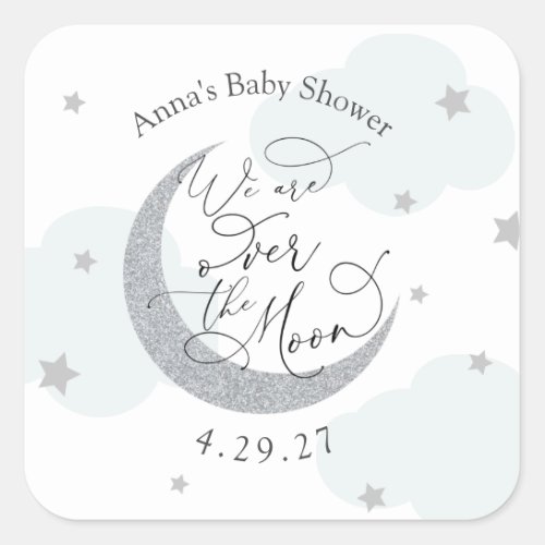 Over the Moon Blue and Silver Square Sticker