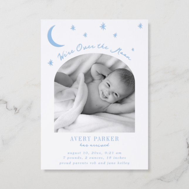 Over the Moon Blue Baby Letterpress Photo Cards (Front)