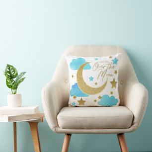 Over the Moon Blue Baby Nursery Throw Pillow