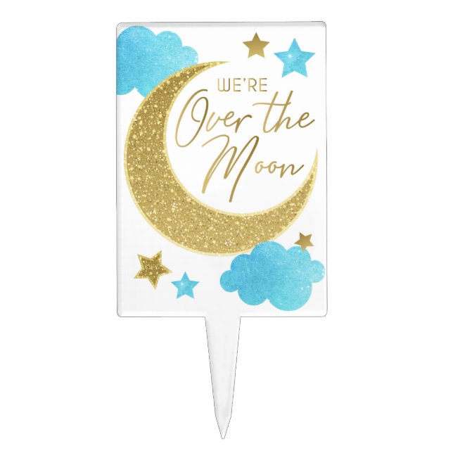 Over the Moon Blue Baby Shower Cake Topper (Front)