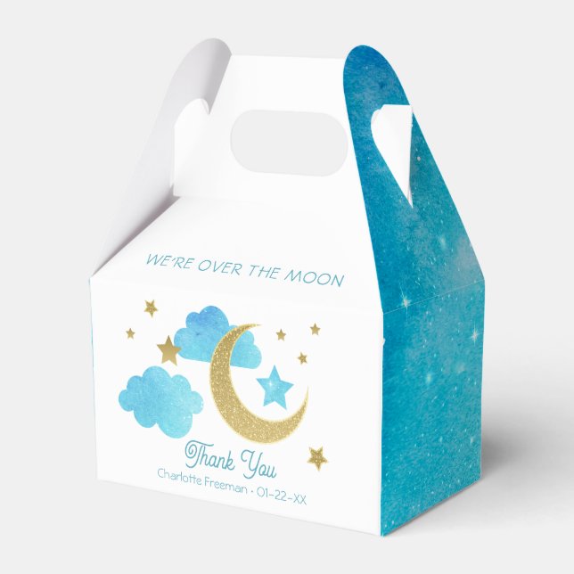 Over the Moon Blue Baby Shower Favor Box (Front Side)