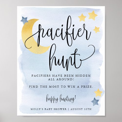 Over the Moon Blue Baby Shower Pacifier Hunt Game Poster