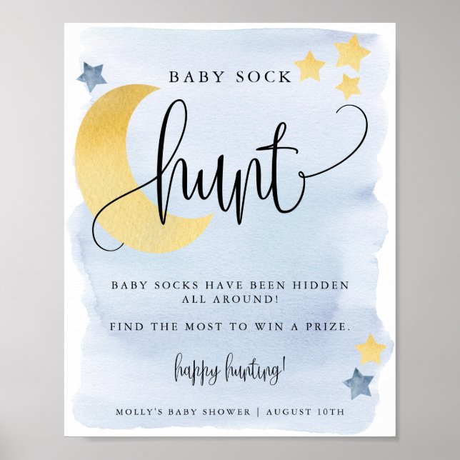 Over the Moon, Blue Baby Shower Sock Hunt Game Poster (Front)