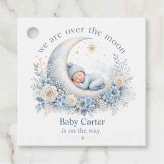 Over the Moon Blue Baby Shower with Custom Name Favor Tags