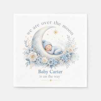 Over the Moon Blue Baby Shower with Custom Name Napkins